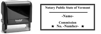 Customize and order a self-inking notary rubber stamp for the state of Vermont.  Meets all specifications and requirements for Vermont notary stamps.