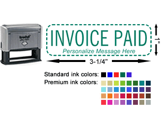 Invoice Paid stamp with choice of 37 ink colors, additional line of customizable text for company name, signature, special note and more. No minimums, fast turnaround, quality guaranteed.