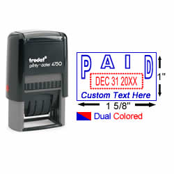 Buy a paid date stamp with rotating month, date and year bands. Self-inking stamp with customizable area below date. Easy ordering, no minimums, satisfaction guaranteed.
