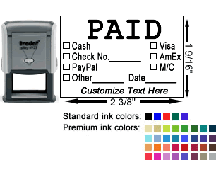Paid rubber stamp in self-inking style.  Choice of ink colors, and additional line of customizable text for company name, signature, special note and more. Checkboxes with options for cash, credit card, check, date and more. No minimums, fast turnaround,