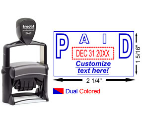 Paid stamp with date, rotating month, date and year bands. Self-inking stamp with customizable area below date. Easy ordering, no minimums, satisfaction guaranteed.