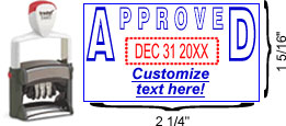 Buy an "Approved" custom date stamp with rotating month, date and year bands. Self-inking stamp with customizable area below date.