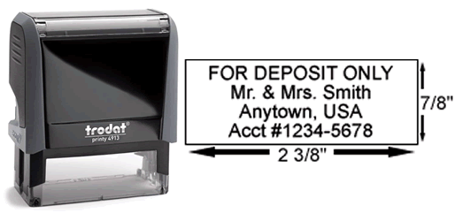 Customize a self-inking check endorsement stamp in real-time online!  Upload signature or company logo, choose 30+ fonts, quick turnaround, no minimums, replacement pads available.