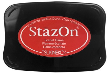Buy a scarlet flame StazOn stamp pad, which features a permanent, quick-drying ink designed for non-porous surfaces.
