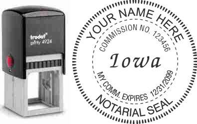 Customize and order a self-inking notary rubber stamp for the state of Iowa.  Meets all specifications and requirements for Iowa notary stamps.