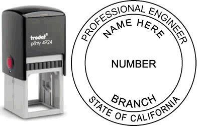 Customize and order a California PE stamp online! Personalize, preview instantly, meets all requirements for California professional engineers, self-inking stamp with ink refills available. No minimums, fast turnaround, quality guaranteed.