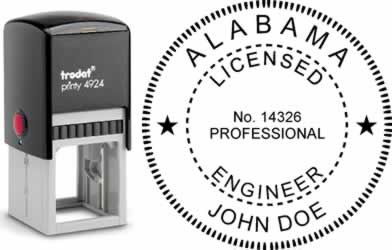 Customize and order an Alabama PE stamp online! Personalize, preview instantly, meets all requirements for Alabama professional engineers, self-inking stamp with ink refills available. No minimums, fast turnaround, quality guaranteed.
