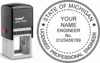 Customize and order a Michigan PE stamp online! Personalize, preview instantly, meets all requirements for Michigan professional engineers, self-inking stamp with ink refills available. No minimums, fast turnaround, quality guaranteed.