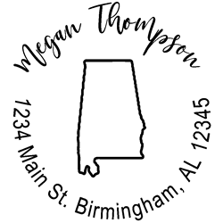 Alabama state address stamp, choice of 30+ ink colors, customize instantly online, personalize name, special note and more. Designer fonts, no minimums, fast turnaround, quality guaranteed.