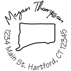 Connecticut state address stamp, choice of 30+ ink colors, customize instantly online, personalize name, special note and more. Designer fonts, no minimums, fast turnaround, quality guaranteed.