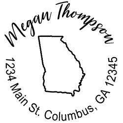Georgia state address stamp, choice of 30+ ink colors, customize instantly online, personalize name, special note and more. Designer fonts, no minimums, fast turnaround, quality guaranteed.