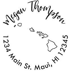 Hawaii state address stamp, choice of 30+ ink colors, customize instantly online, personalize name, special note and more. Designer fonts, no minimums, fast turnaround, quality guaranteed.
