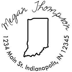 Indiana state address stamp, choice of 30+ ink colors, customize instantly online, personalize name, special note and more. Designer fonts, no minimums, fast turnaround, quality guaranteed.