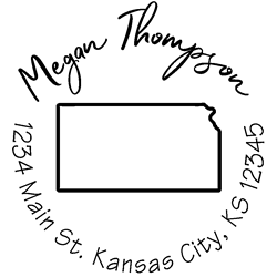 Kansas state address stamp, choice of 30+ ink colors, customize instantly online, personalize name, special note and more. Designer fonts, no minimums, fast turnaround, quality guaranteed.