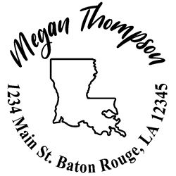 Louisiana state address stamp, choice of 30+ ink colors, customize instantly online, personalize name, special note and more. Designer fonts, no minimums, fast turnaround, quality guaranteed.