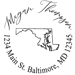 Maryland state address stamp, choice of 30+ ink colors, customize instantly online, personalize name, special note and more. Designer fonts, no minimums, fast turnaround, quality guaranteed.
