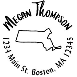 Massachusetts state address stamp, choice of 30+ ink colors, customize instantly online, personalize name, special note and more. Designer fonts, no minimums, fast turnaround, quality guaranteed.