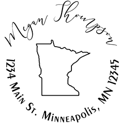 Minnesota state address stamp, choice of 30+ ink colors, customize instantly online, personalize name, special note and more. Designer fonts, no minimums, fast turnaround, quality guaranteed.