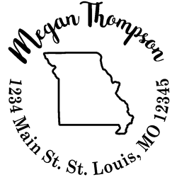 Missouri state address stamp, choice of 30+ ink colors, customize instantly online, personalize name, special note and more. Designer fonts, no minimums, fast turnaround, quality guaranteed.
