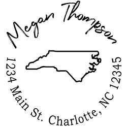 North Carolina state address stamp, choice of 30+ ink colors, customize instantly online, personalize name, special note and more. Designer fonts, no minimums, fast turnaround, quality guaranteed.
