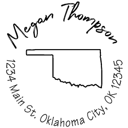 Oklahoma state address stamp, choice of 30+ ink colors, customize instantly online, personalize name, special note and more. Designer fonts, no minimums, fast turnaround, quality guaranteed.
