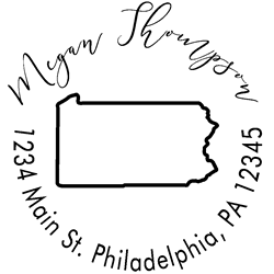 Pennsylvania state address stamp, choice of 30+ ink colors, customize instantly online, personalize name, special note and more. Designer fonts, no minimums, fast turnaround, quality guaranteed.