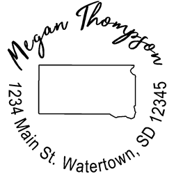 South Dakota state address stamp, choice of 30+ ink colors, customize instantly online, personalize name, special note and more. Designer fonts, no minimums, fast turnaround, quality guaranteed.