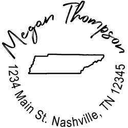 Tennessee state address stamp, choice of 30+ ink colors, customize instantly online, personalize name, special note and more. Designer fonts, no minimums, fast turnaround, quality guaranteed.