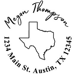 Texas state address stamp, choice of 30+ ink colors, customize instantly online, personalize name, special note and more. Designer fonts, no minimums, fast turnaround, quality guaranteed.