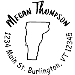 Vermont state address stamp, choice of 30+ ink colors, customize instantly online, personalize name, special note and more. Designer fonts, no minimums, fast turnaround, quality guaranteed.