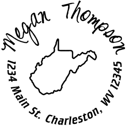 West Virginia state address stamp, choice of 30+ ink colors, customize instantly online, personalize name, special note and more. Designer fonts, no minimums, fast turnaround, quality guaranteed.