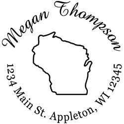 Wisconsin state address stamp, choice of 30+ ink colors, customize instantly online, personalize name, special note and more. Designer fonts, no minimums, fast turnaround, quality guaranteed.