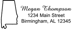 Alabama state return address stamp, choice of 30+ ink colors, customize instantly online, personalize name, special note and more. Designer fonts, no minimums, fast turnaround, quality guaranteed.