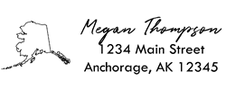 Alaska state return address stamp, choice of 30+ ink colors, customize instantly online, personalize name, special note and more. Designer fonts, no minimums, fast turnaround, quality guaranteed.