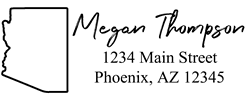 Arizona state return address stamp, choice of 30+ ink colors, customize instantly online, personalize name, special note and more. Designer fonts, no minimums, fast turnaround, quality guaranteed.