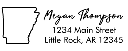 Arkansas state return address stamp, choice of 30+ ink colors, customize instantly online, personalize name, special note and more. Designer fonts, no minimums, fast turnaround, quality guaranteed.