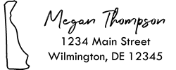 Delaware state return address stamp, choice of 30+ ink colors, customize instantly online, personalize name, special note and more. Designer fonts, no minimums, fast turnaround, quality guaranteed.