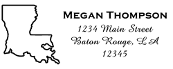 Louisiana state return address stamp, choice of 30+ ink colors, customize instantly online, personalize name, special note and more. Designer fonts, no minimums, fast turnaround, quality guaranteed.