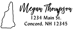 New Hampshire state return address stamp, choice of 30+ ink colors, customize instantly online, personalize name, special note and more. Designer fonts, no minimums, fast turnaround, quality guaranteed.