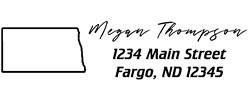 North Dakota state return address stamp, choice of 30+ ink colors, customize instantly online, personalize name, special note and more. Designer fonts, no minimums, fast turnaround, quality guaranteed.