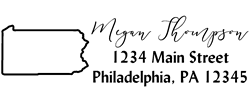 Pennsylvania state return address stamp, choice of 30+ ink colors, customize instantly online, personalize name, special note and more. Designer fonts, no minimums, fast turnaround, quality guaranteed.