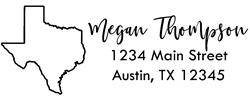 Texas state return address stamp, choice of 30+ ink colors, customize instantly online, personalize name, special note and more. Designer fonts, no minimums, fast turnaround, quality guaranteed.