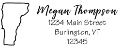 Vermont state return address stamp, choice of 30+ ink colors, customize instantly online, personalize name, special note and more. Designer fonts, no minimums, fast turnaround, quality guaranteed.