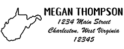 West Virginia state return address stamp, choice of 30+ ink colors, customize instantly online, personalize name, special note and more. Designer fonts, no minimums, fast turnaround, quality guaranteed.