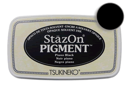 Buy a StazOn Pigment Piano Black Stamp pad designed for non-porous surfaces.