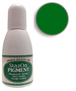Buy a 1/2 oz. bottle of StazOn Pigment Shamrock Green ink refill for a Shamrock Green StazOn pigment stamp pad.