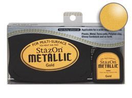 Buy a StazOn stamp pad and refill bottle of gold ink, which feature a permanent, quick-drying ink designed for non-porous surfaces.