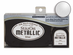 Buy a StazOn stamp pad and refill bottle of silver ink, which feature a permanent, quick-drying ink designed for non-porous surfaces.